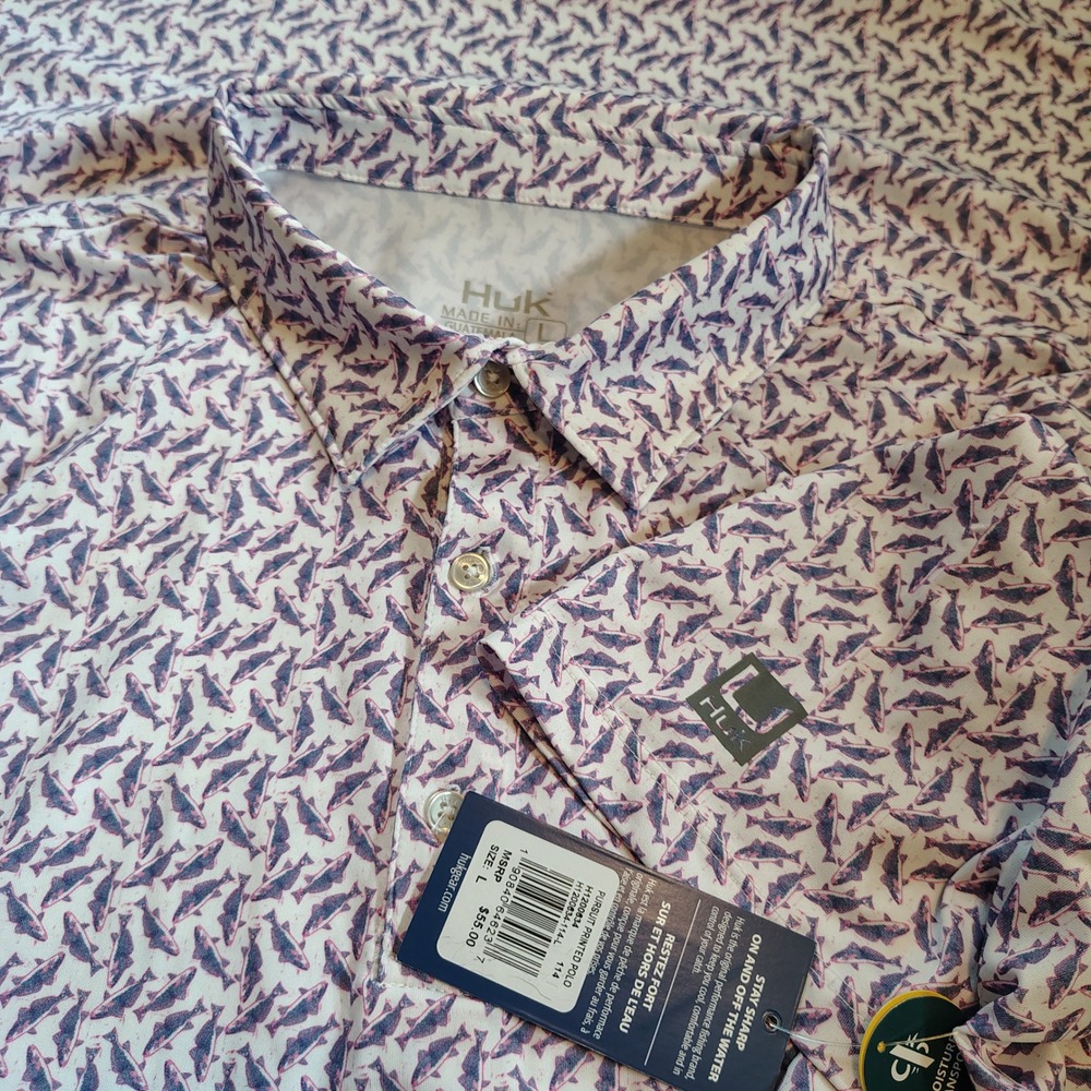 New Huk Pursuit Printed Polo Large White Fish Print Short Sleeve Fishing Shirt